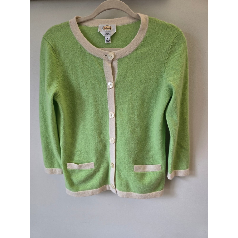 Talbots Pure Cashmere Cardigan Sweater Lime Green Cream Trim 3/4 Sleeve Small